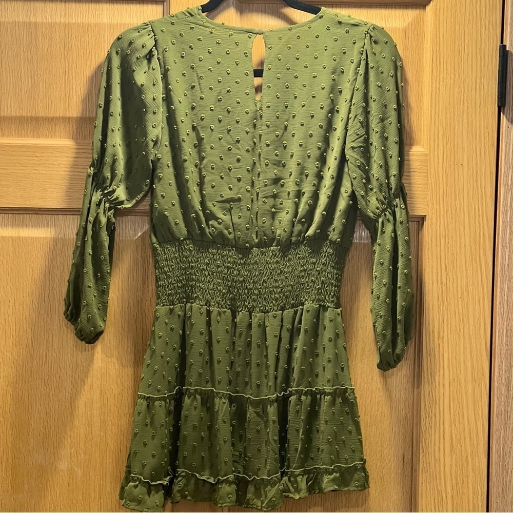 Chelsea Violet Big Girl Smocked Waist Clip Dot Mini Dress Longsleeve Olive Green - Picture 5 of 6